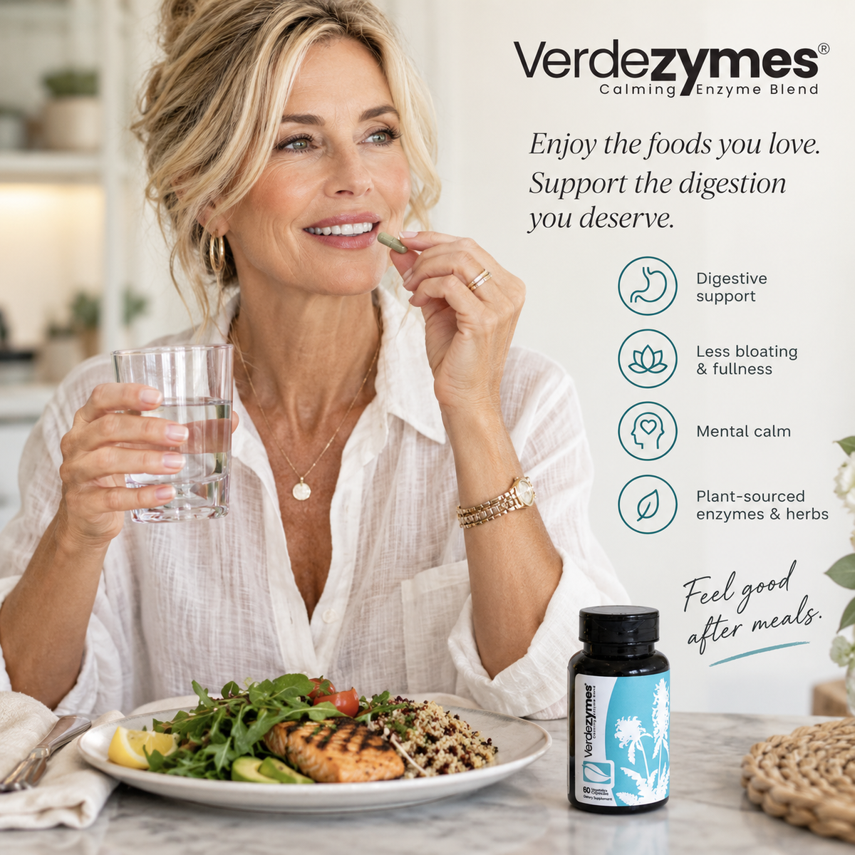 A woman seated at a table holding a glass of water and a pill, with a plate of food in front. The product bottle for Verdezymes is shown on the table, along with marketing text and benefit icons on a bright kitchen/dining setting.